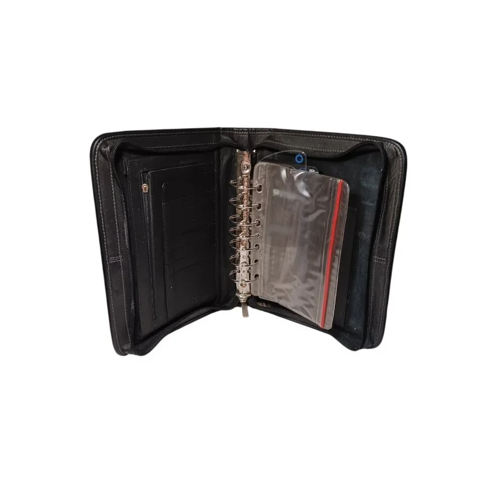 Franklin Covey Classic Black Leather Planner 7 Ring Binder Zipper extras (read)